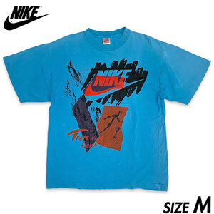 希少■NIKE (ナイキ) 90s 銀タグ ヴィンテージ イラスト ロゴ プリント 半袖 Tシャツ 水色 M 古着 アメカジ オールド 風車 ゴツナイキ