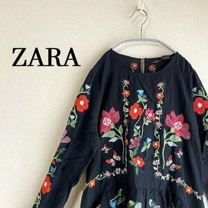 ZARA ザラ ワンピース チュニック 刺繍 花柄ワンピース レディース 黒