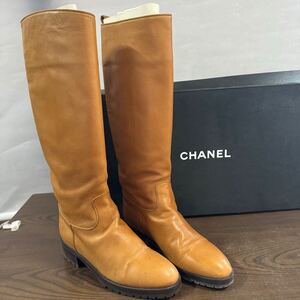 シャネル CHANEL ココマーク ステッチ レザーロングブーツ ローヒール 23.5cm 茶色 ブラウン レディース　37