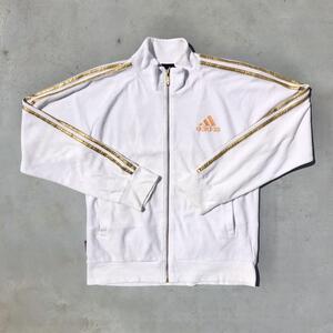 00s adidas アディダス ベロア 刺繍ロゴ 三本ライン トラックジャケット ジャージ Lサイズ ホワイト ゴールド 白 金色 2007年製