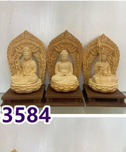 品質保証★ 婆娑三聖仏像一式 総檜材 仏教美術 精密細工 仏師で仕上げ品 高さ26cm