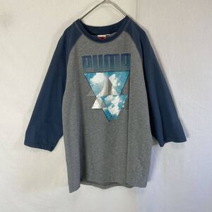 プーマ　七分丈プリントTシャツ　古着　Lサイズ　グレー×ネイビー　ヴィンテージ クルーネック