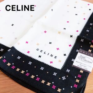 ★即決★ CELINE セリーヌ 大判 ハンカチ 綿100% 黒 白 ロゴ スカーフ にも ヴィンテージ