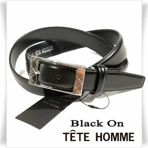 新品1円～★定価0.9万 Black On TETE HOMME テットオム 牛革レザー ビジネスベルト フリーサイズ 本革 黒 ブラック 本物◆2885◆