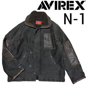 レア■AVIREX■N-1 デッキジャケット レザー 切替 中綿 襟ボア M グレー ブラウン ヴィンテージ加工 羊革 アヴィレックス 廃盤モデル