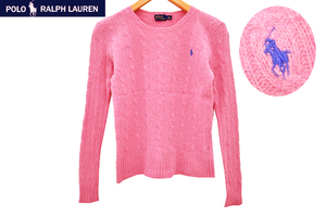 Y-7235★美品★POLO RALPH LAUREN ポロ ラルフローレン★正規品 ピンク ケーブル編み ロゴ刺繍 カシミア ウール 長袖 ニット セーター XS