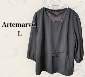 Artemarvel 濃紺七分袖ブラウス　オフィスカジュアル　襟ビジュー　トップス 