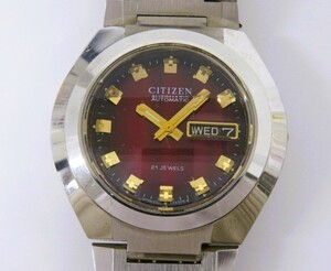 ♪yy3035-4 519 CITIZEN シチズン 4-651979 21石 赤文字盤 自動巻 デイデイト カットガラス メンズ 腕時計 腕周り約18.5cm 現状品