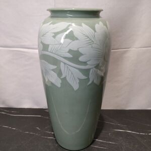 【1円スタート】 青磁 牡丹 花器 花瓶 アンティーク vintage JAPAN インテリア オブジェ 日本 骨董 翡翠 中国 美術 花彫 フラワーベース