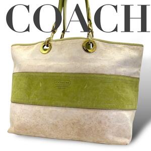 COACH コーチ　トートバッグ　シグネチャー　ゴールド金具　ホワイト　グリーン