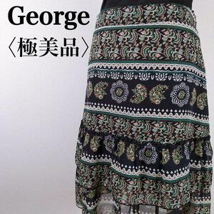 【極美品】George ジョージ シアー素材 ペチコート付エスニック柄ティアードスカート 緑 グリーン M レディース 大人かわいい ツルスベ素材