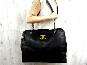 極美品 CHANEL シャネル ヴィンテージ スーパーモデルバッグ ココマーク キャビアスキン トートバッグ バッグ レザー 黒 A4可 72050