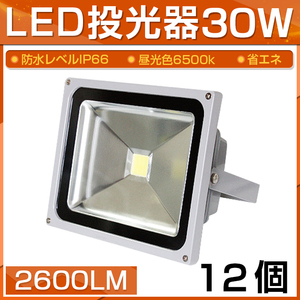 【即納】【12個セット】LED 投光器 30W 300W相当 2600LM 昼光色 6500K 広角130度 防水加工 看板 作業灯 屋外灯 3mコード付き