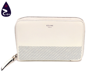 【質Shop天満屋】CELINE(セリーヌ) レザー：ホワイト ドット パンチング ジップ ウォレット ミディアム ラウンドファスナー財布 (104393)