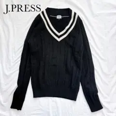 ✨カシミヤ✨J.PRESS ニット　ケーブル編み　Vネック 紺　白　オンワード