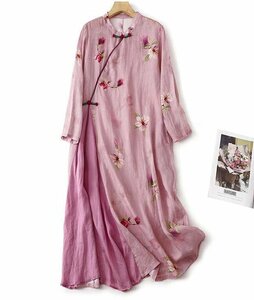 * : 2XL ♪チャイナ風春の色がいっぱいとってもおしゃれな可愛い☆新品☆綿と麻☆ ロング ワンピース 