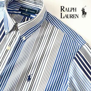 ラルフローレン RALPH LAUREN ボタンダウン ストライプ 半袖シャツ L ネイビー ブルー ホワイト シャツ