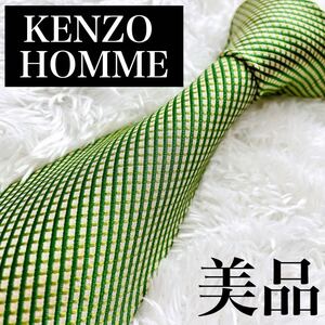 【美品】KENZO HOMME 高級シルクネクタイ グリーン系 チェックデザイン　N-0098