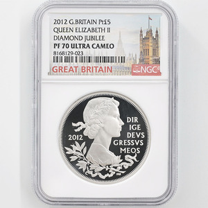 2012 英国 エリザベス2世即位60周年記念 ダイヤモンド・ジュビリー 5ポンド プラチナ貨 プルーフ NGC PF 70 UC 最高鑑定 完全未使用品