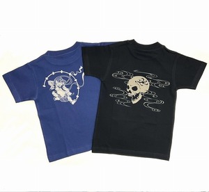 [江戸てん]再値下げ 子供Tシャツ2枚セット 110サイズ 和柄 抜染 綿100％ キッズ どくろ 雷神 インディゴ　黒