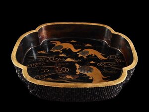 【雲】某資産家買取品 時代漆器 黒塗 亀金銀蒔絵 木瓜形莨盆 30.4×39.5×7.3cm 古美術品(旧家蔵出)AY2327 LTghvbns