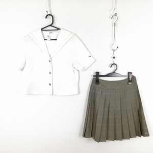 1円 セーラー服 チェックスカート 上下2点セット 夏物 白1本線 女子 学生服 福岡自由ヶ丘高校 白 森英恵 制服 中古 ランクC EY9042