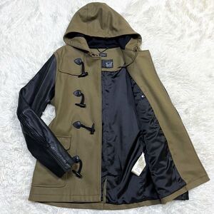 極美品 XL相当 ディーゼル/DIESEL ダッフルコート 袖レザー 切替 ライダース ウール 牛革 本革 ジャケット ロゴ メンズ ブラウン ブラック