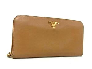 1円 PRADA プラダ レザー ラウンドファスナー 長財布 ウォレット 札入れ 小銭入れ レディース メンズ ブラウン系 FK0577