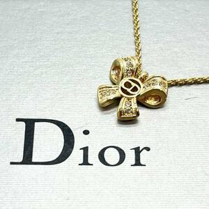 未使用級 クリスチャンディオール Christian Dior ネックレス アクセサリー リボン サークルロゴ CDロゴ ラインストーン 刻印 ゴールド