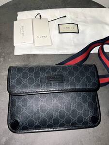 外美品 GUCCI GGスプリーム　グッチ　ブラック　シェリーライン　ウエストポーチ　ショルダーバッグ　メンズ 59113　H859