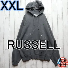 メンズXXL 【A品】 00s スウェット パーカー プルオーバー RUSSELL ラッセル スプラッシュペイント   裏起毛前V 刺繍ワンポイント 総柄 後染め 黒染め  フェードブラック 普通 USA古着 00510