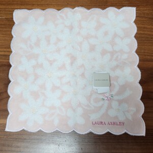 新古品 未使用 ブランド タオルハンカチ LAURA ASHLEY ローラアシュレイ 約25cm×25cm 花 リボン ピンク ホワイト 綿100% 中国製