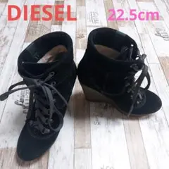 DIESEL ウェッジブーツ 22.5cm 黒 スエード ロゴプレート