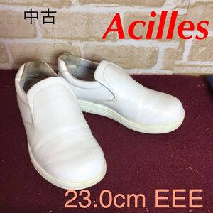 【売り切り!送料無料!】A-373 Achilles! oil resistant!コックシューズ!白！!ホワイト!23.0cm EEE!仕事!厨房!給食室!キッチン!バイト!中古!