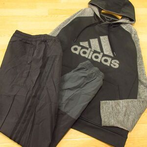 ◎使用少なめ！3XL 上下セット！adidas アディダス◆厚手 裏起毛 ジャージパーカー&ジョガーパンツ 防寒 秋冬！◆メンズ 黒◆BA1310