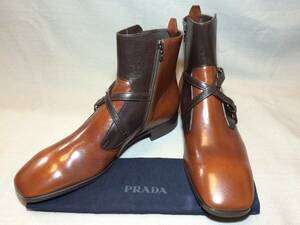 新品 プラダ コレクション ベルト レザー ブーツ 10 シューズ 革靴 PRADA 茶 ブラウン