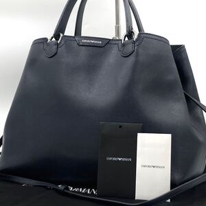 1円 【美品】 EMPORIO ARMANI エンポリオアルマーニ トートバッグ メンズ 斜め掛け A4可 2way ショルダー ビジネス レザー 本革 ネイビー 