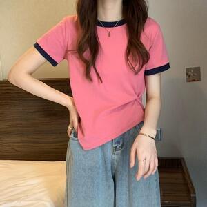 Tシャツ ピンク M カジュアル スリム 半袖 クロップトップス コントラスト