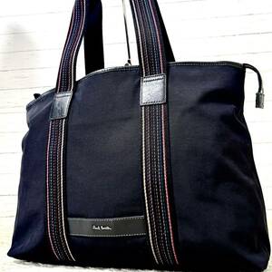 1円[美品] Paul Smith ポールスミス トートバッグ ビジネスバッグ キャンバス レザー マルチストライプ ブラック A4収納 大容量　