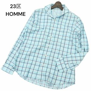 23区 HOMME オム 通年 長袖 ホリゾンタルカラー★ チェック シャツ Sz.46　メンズ 水色 青系　C4T00905_2#C