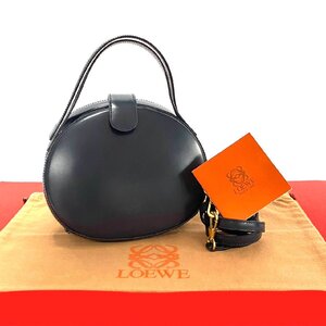 極 美品 LOEWE ロエベ ヴィンテージ アナグラム ロゴ カーフ レザー 本革 2way ハンドバッグ ショルダーバッグ ネイビー 紺 22-10