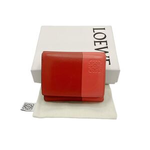 【美品】ロエベ LOEWE カラーブロック トライフォールド ウォレット 三つ折り財布 ピンク レッド　バイカラー トリフォールド アナグラム