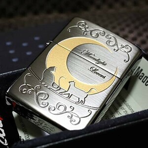 三日月と猫 ZIPPO(ジッポー) ブラックニッケル ゴールド エッチング 月 キャット Cat カップル エッチング MADE IN USA 永久保証