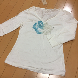 新品◆ラメローズ&ストーン◆七分袖カットソー◆七分袖Tシャツ◆L薔薇