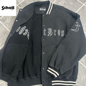 【極美品XL】最高傑作 SCHOTT ショット スタジャン XLsize 黒 袖1913刺繍 ボタン刻印 SCHOTTロゴ【絶妙なお洒落感】紳士の極上品