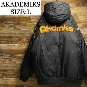 AKADEMIKS アカデミクス フード付き ダウンジャケット 紺 ネイビー ストリート b系 古着 刺繍 ワッペン 野球 オーバーサイズ ビッグサイズ