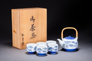 【清】某有名オークション買入 時代物 古伊万里・有田 染付き 竹図茶器揃 五客 共箱 茶煎道具 骨董品 古美術