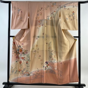 訪問着 身丈157cm 裄丈62.5cm S 袷 花籠 流水 金糸 ぼかし 薄ピンク 正絹 美品 秀品 【中古】