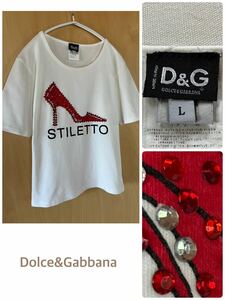 【Dolce&Gabbana ドルチェアンドガッバーナ】 イタリア製　ビジューカットソー　Tシャツ　ハイヒール柄　カラーストーン　Lサイズ　半袖 