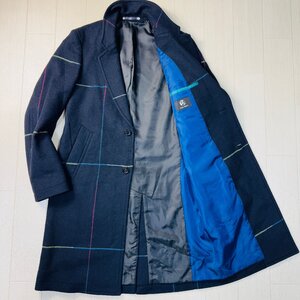 美品/Lサイズ★ポールスミス/PS Paul Smith メガチェック レインボー メルトンウール チェスター コート ジャケット アウター メンズ 紺